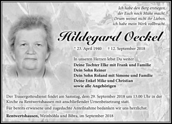 Traueranzeige von Hildegard Oeckel von Südthüringer Presse