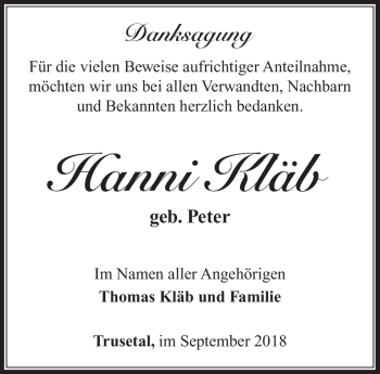 Traueranzeige von Hanni Kläb von Südthüringer Presse