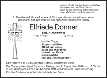 Traueranzeige von Elfriede Donner von Neue Presse Coburg