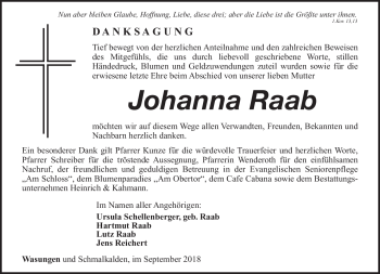 Traueranzeige von Johanna Raab von Südthüringer Presse