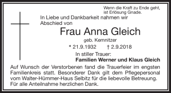 Traueranzeige von Anna Gleich von Frankenpost