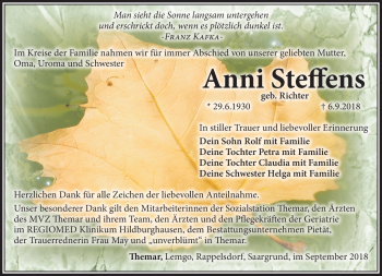 Traueranzeige von Anni Steffens von Südthüringer Presse