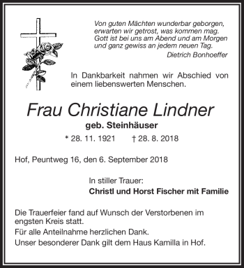Traueranzeige von Christiane Lindner von Frankenpost