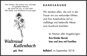 Traueranzeige von Waltraud Kallenbach von Südthüringer Presse