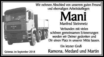 Traueranzeige von Manfred Steinmetz von Südthüringer Presse