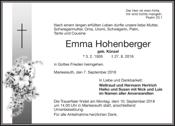 Traueranzeige von Emma Hohenberger von Frankenpost