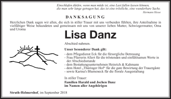 Traueranzeige von Lisa Danz von Südthüringer Presse