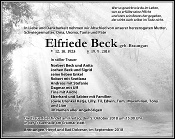 Traueranzeige von Elfriede Beck von Südthüringer Presse