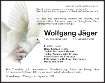 Traueranzeige von Wolfgang Jäger von Südthüringer Presse