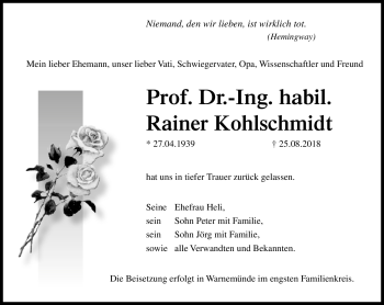 Traueranzeige von Rainer Kohlschmidt von Südthüringer Presse