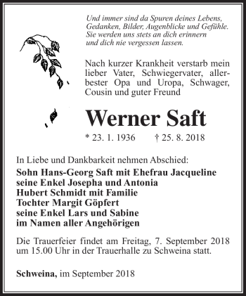 Traueranzeige von Werner Saft von Südthüringer Presse