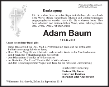 Traueranzeige von Adam Braun von Südthüringer Presse