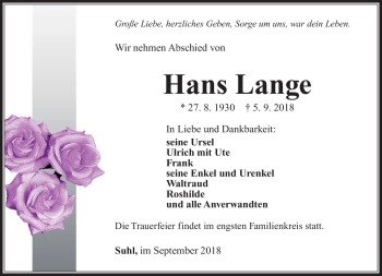 Traueranzeige von Hans Lange von Südthüringer Presse