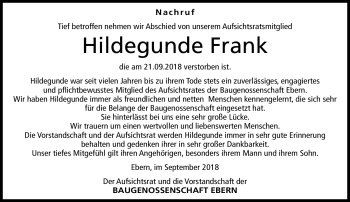 Traueranzeige von Hildegunde Frank von Neue Presse Coburg