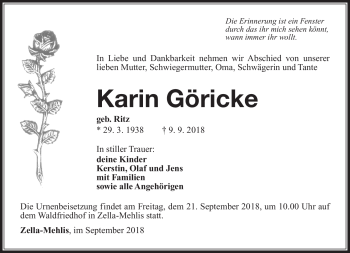 Traueranzeige von Karin Göricke von Südthüringer Presse