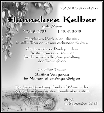 Traueranzeige von Hannelore Kleber von Südthüringer Presse
