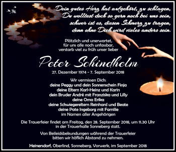 Traueranzeige von Peter Schindhelm von Südthüringer Presse