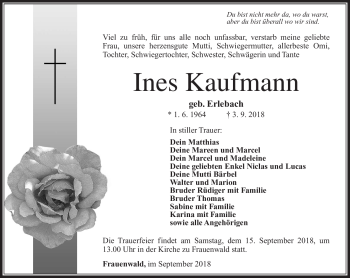 Traueranzeige von Ines Kaufmann von Südthüringer Presse
