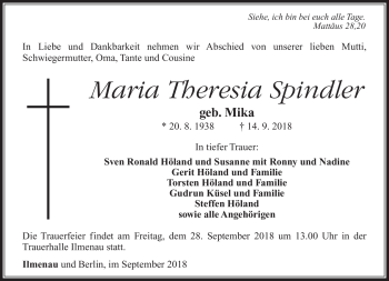 Traueranzeige von Maria Theresia Spindler von Südthüringer Presse