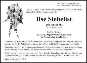 Traueranzeige von Ilse Siebelist von Südthüringer Presse
