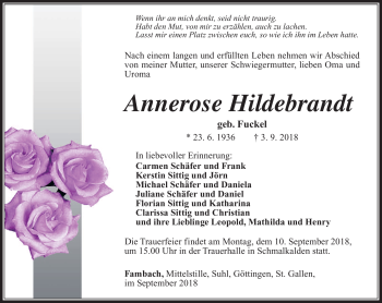 Traueranzeige von Annerose Hildebrandt von Südthüringer Presse