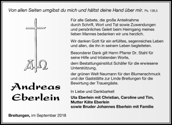 Traueranzeige von Andreas Eberlein von Südthüringer Presse