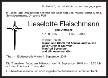 Traueranzeige von Lieselotte Fleischmann von Neue Presse Coburg