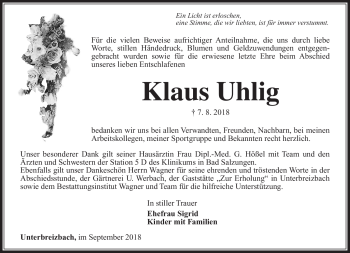 Traueranzeige von Klaus Uhlig von Südthüringer Presse