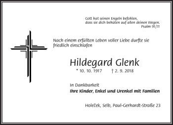 Traueranzeige von Hildegard Glenk von Frankenpost