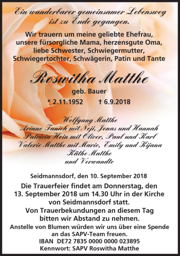 Traueranzeige von Roswitha Matthe von Neue Presse Coburg