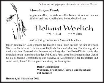 Traueranzeige von Helmut Werlich von Südthüringer Presse
