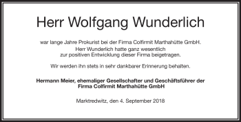 Traueranzeige von Wolfgang Wunderlich von Frankenpost