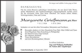 Traueranzeige von Margarete Grießmann von Südthüringer Presse