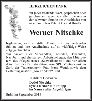 Traueranzeige von Werner Nitschke von Südthüringer Presse