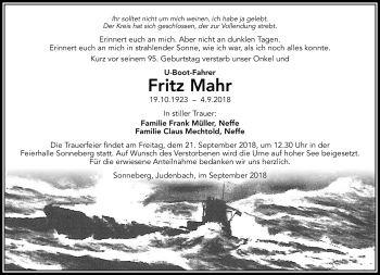 Traueranzeige von Fritz Mahr von Südthüringer Presse