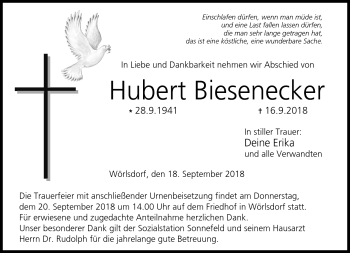 Traueranzeige von Hubert Biesenecker von Neue Presse Coburg
