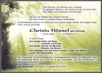 Traueranzeige von Christa Hössel von Südthüringer Presse
