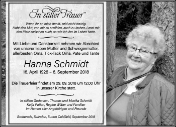 Traueranzeige von Hanna Schmidt von Südthüringer Presse