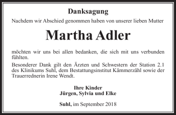 Traueranzeige von Martha Adler von Südthüringer Presse