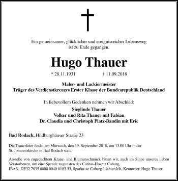 Traueranzeige von Hugo Thauer von Neue Presse Coburg