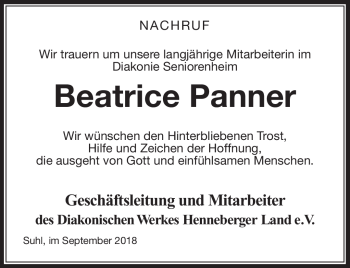 Traueranzeige von Beartice Panner von Südthüringer Presse