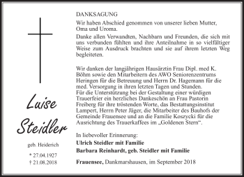 Traueranzeige von Luise Steidler von Südthüringer Presse