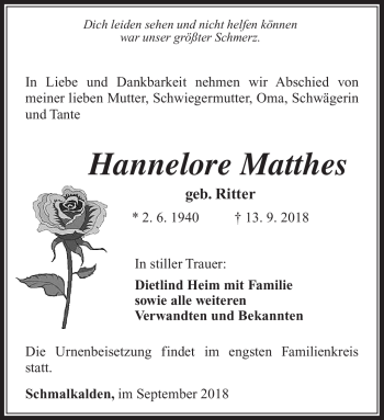Traueranzeige von Hannelore Matthes von Südthüringer Presse
