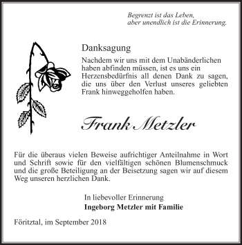 Traueranzeige von Frank Metzler von Südthüringer Presse