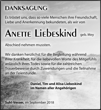 Traueranzeige von Anette Liebeskind von Südthüringer Presse