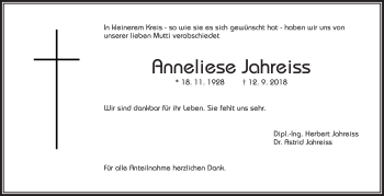 Traueranzeige von Anneliese Jahreiss von Frankenpost