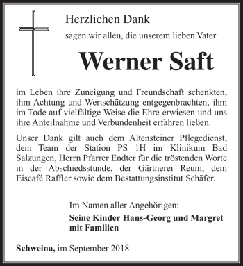 Traueranzeige von Werner Saft von Südthüringer Presse
