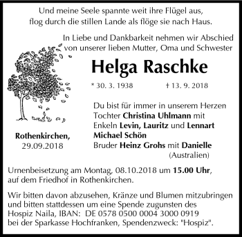 Traueranzeige von Helga Raschke von Neue Presse Coburg