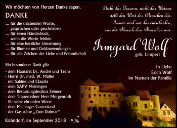 Traueranzeige von Irmgard Wolf von Südthüringer Presse