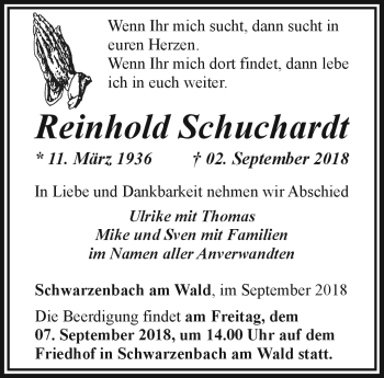 Traueranzeige von Reinhold Schuchardt von Frankenpost